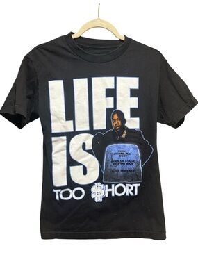 Control Life Is Too $hort Graphic Band Tee - Black with White & Blue Print